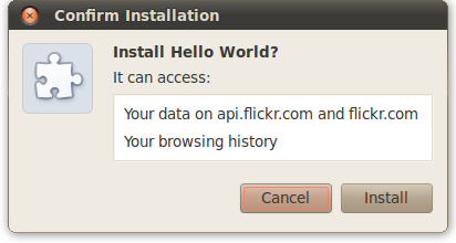 Permission warning: 'It can: Access your data on api.flickr.com and flickr.com; Read and modify your browsing history'